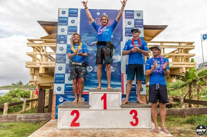 Pro Men's podium. 1st Morgan Noireaux. 2nd Bernd Roediger. 3rd Kevin Pritchard. 4th Camille Juban – Aloha Classic ©  Si Crowther / IWT
